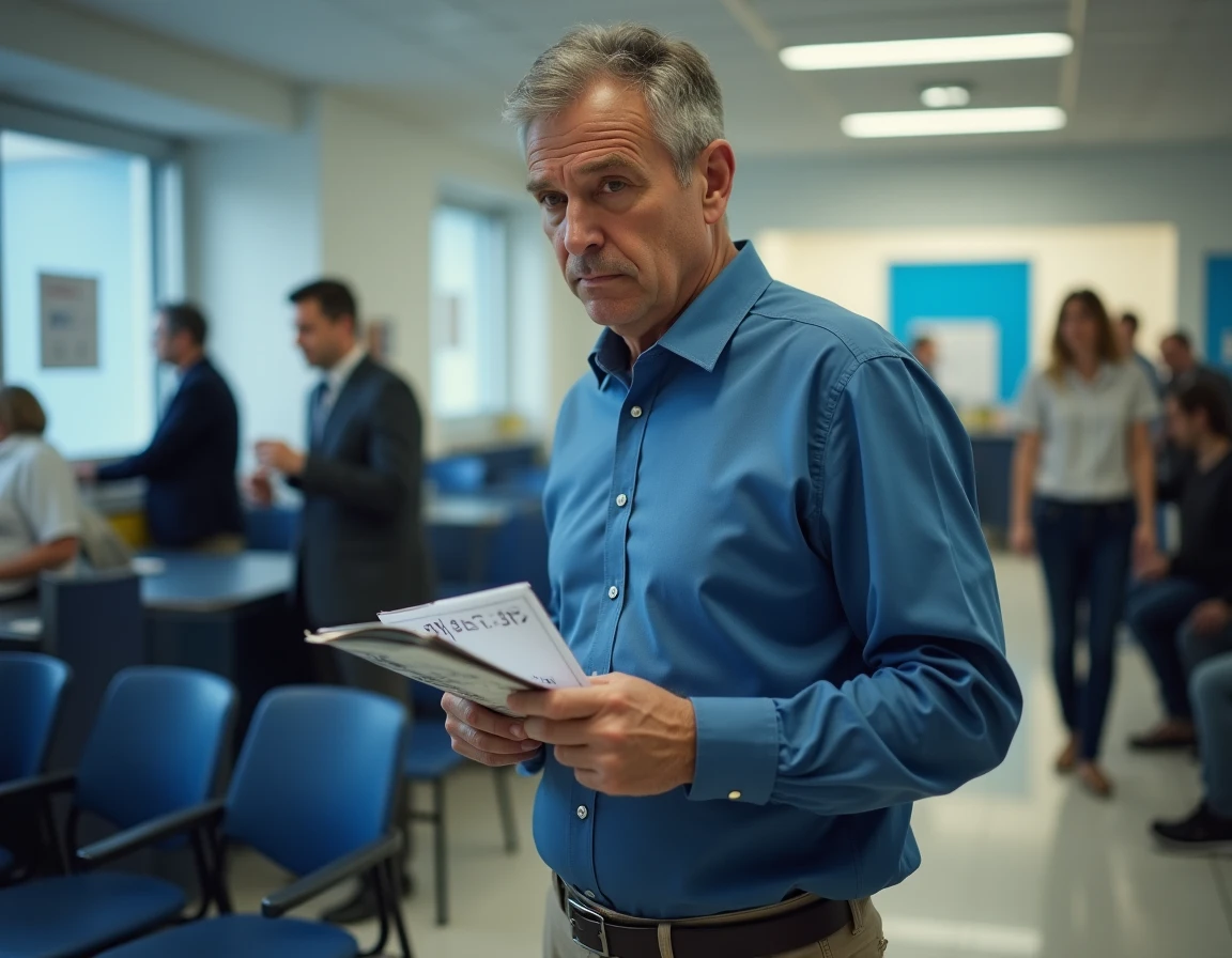 Homme en file d'attente dans une agence Pôle emploi tenant un dossier, en attente de résolution pour un retard de versement d'allocation chômage
