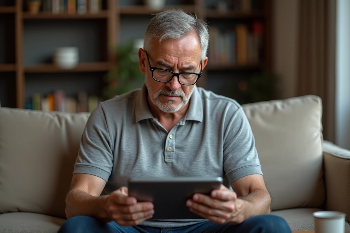 Un homme d'âge mûr consulte une page d'aide bancaire en ligne sur une tablette dans son salon, représentant l'assistance numérique pour les utilisateurs peu familiers avec internet