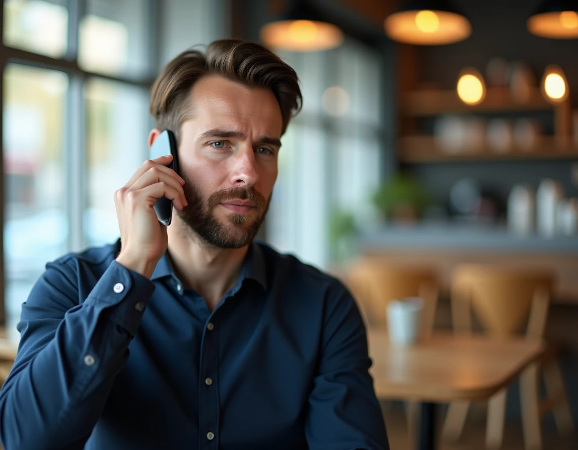 Homme en chemise marine passant un appel au service client Lydia depuis un café pour débloquer son compte, expression préoccupée mais calme