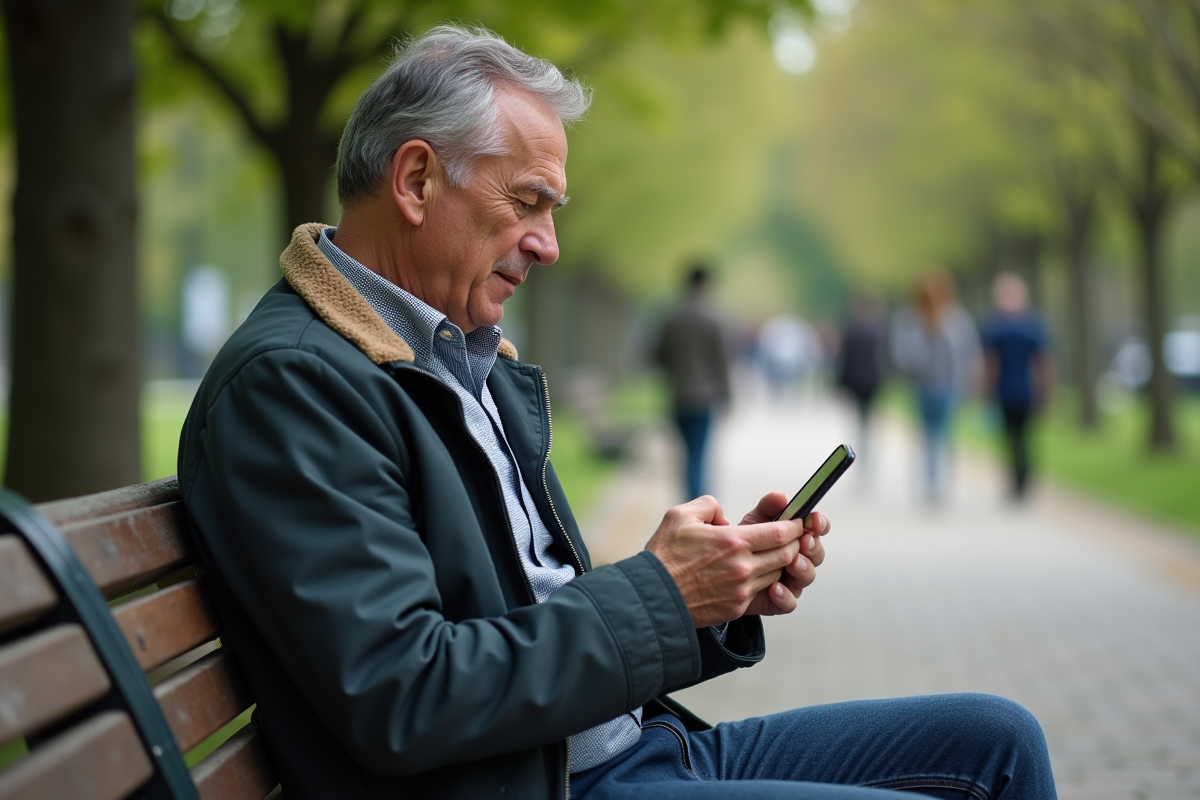 Homme utilisant son smartphone dans un parc urbain