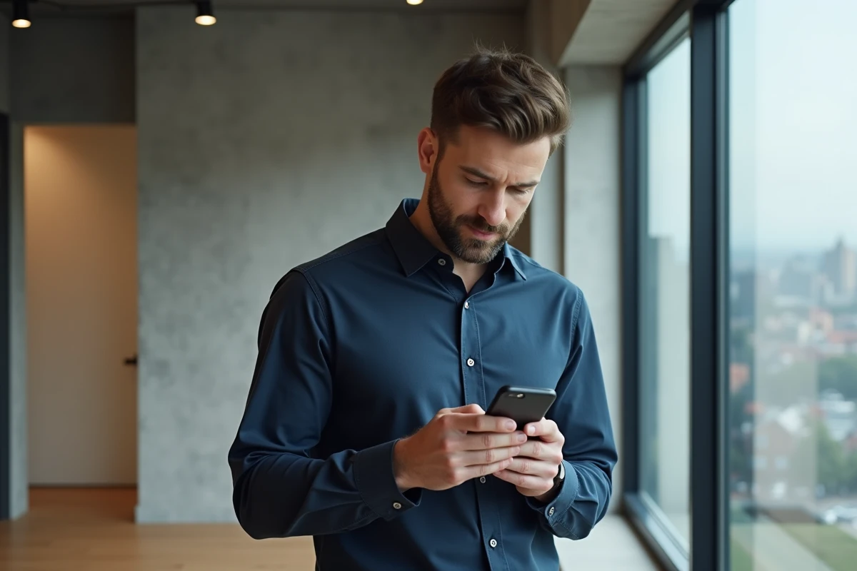Homme utilisant une application mobile de service client sur smartphone dans un appartement moderne en ville