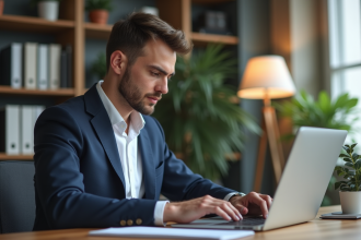 Homme en costume regardant son ordinateur dans un bureau moderne