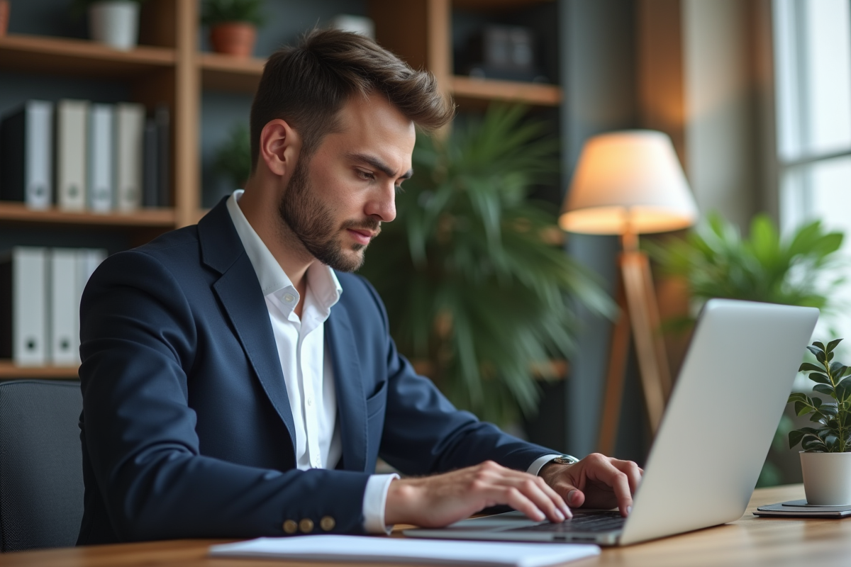 Homme en costume regardant son ordinateur dans un bureau moderne