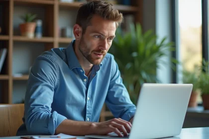 Homme d'âge moyen travaillant sur son ordinateur dans un bureau calme