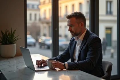 Homme d'affaires au bureau parisien au lever du jour