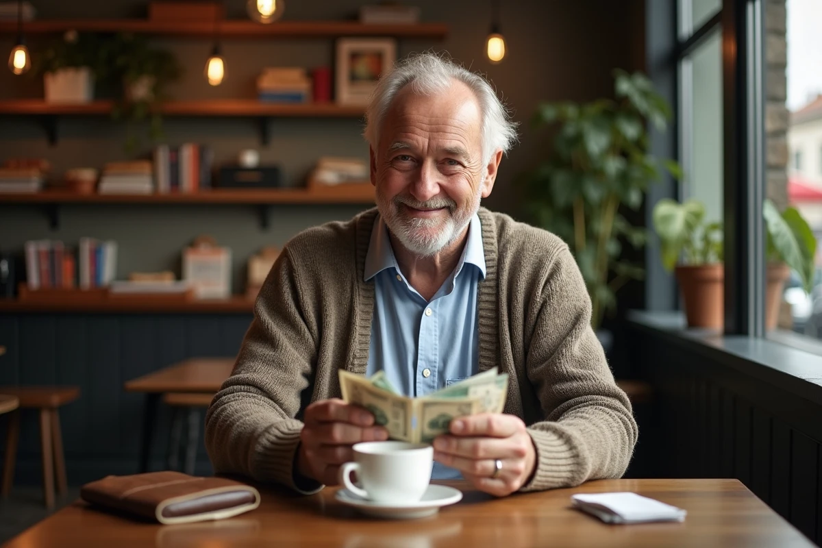 Homme âgé comptant ses billets dans un café cosy