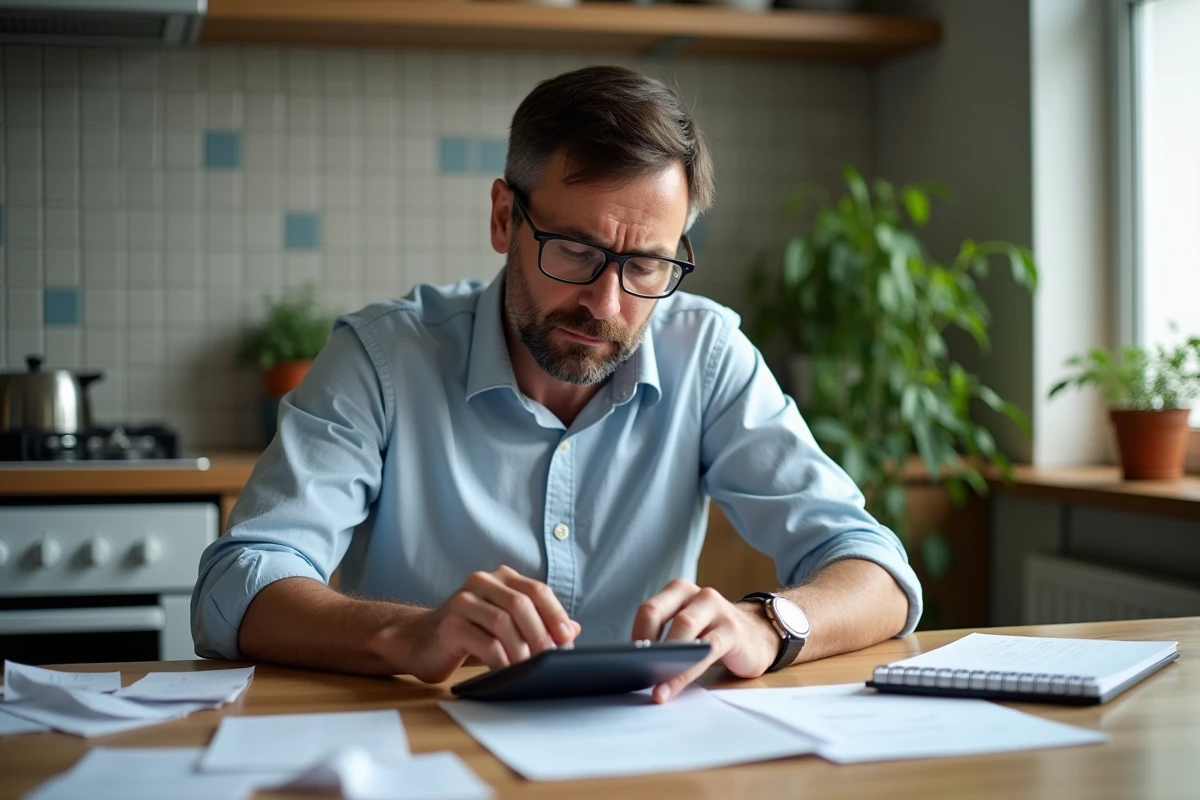 Homme à la maison avec reçus et calculatrice en réflexion