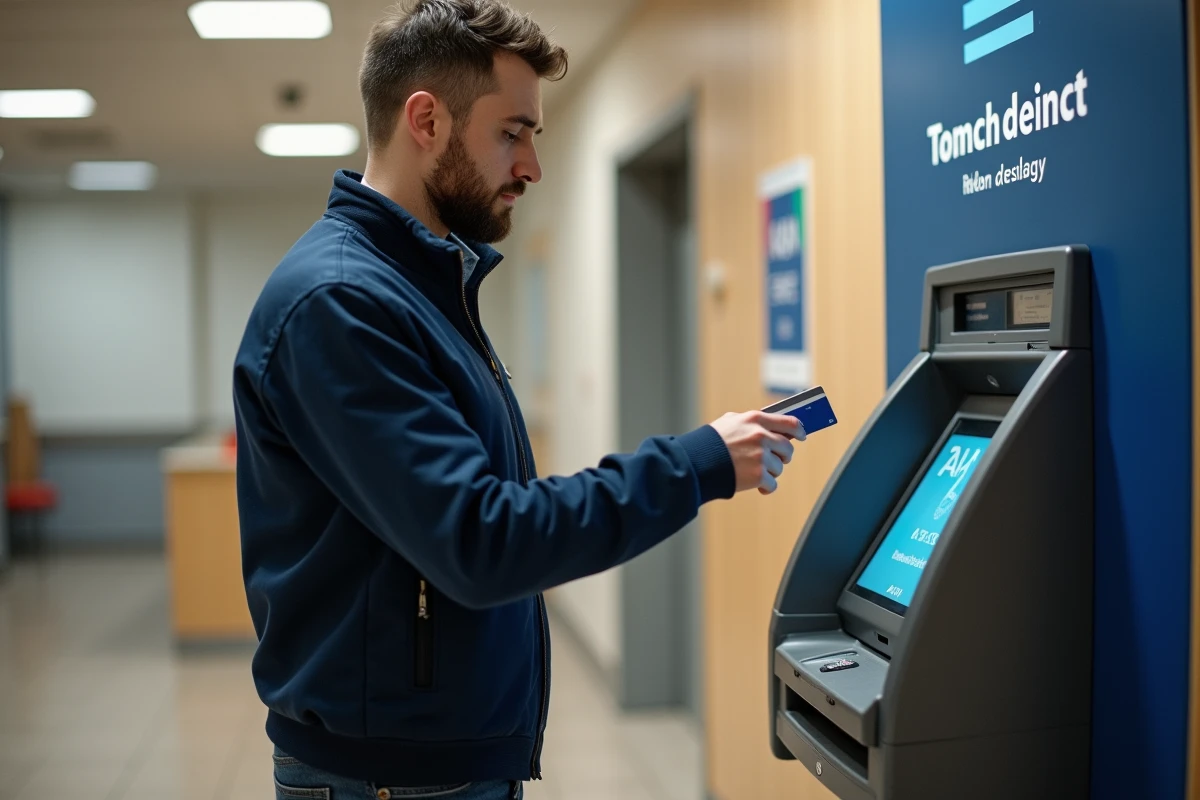 Homme tenant sa carte bancaire face à un message d'erreur sur un distributeur à l'intérieur d'une bureau de poste