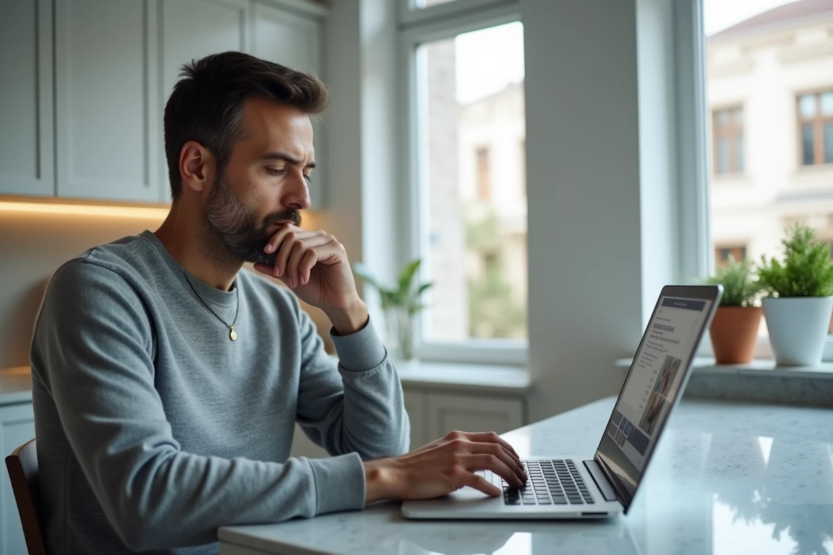 Homme utilisant un ordinateur portable pour contacter le Cesu Urssaf en ligne depuis sa cuisine