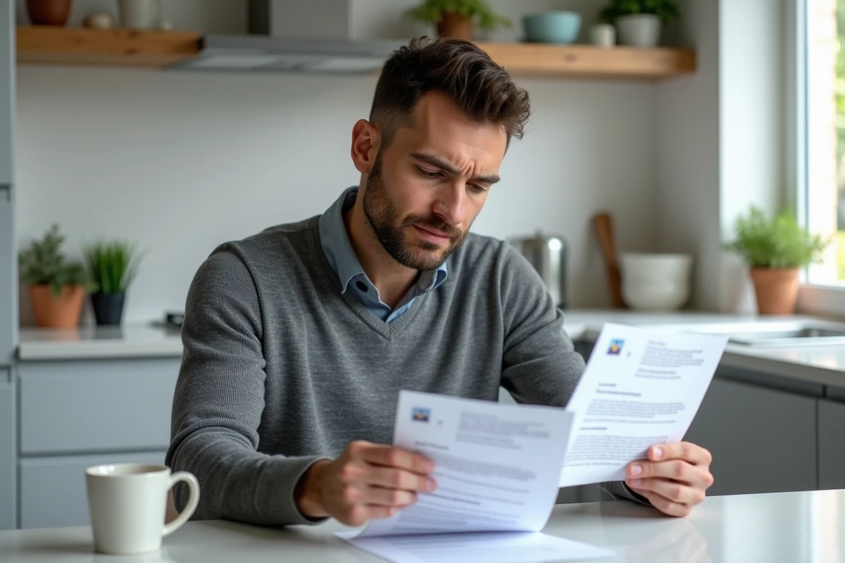 Homme comparant un courrier credit bureau associates avec des informations de vérification en ligne pour éviter une fraude