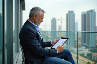 Homme d'affaires regardant plans immobiliers sur tablette en ville