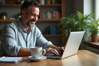 Homme d'âge moyen souriant devant un ordinateur portable en intérieur