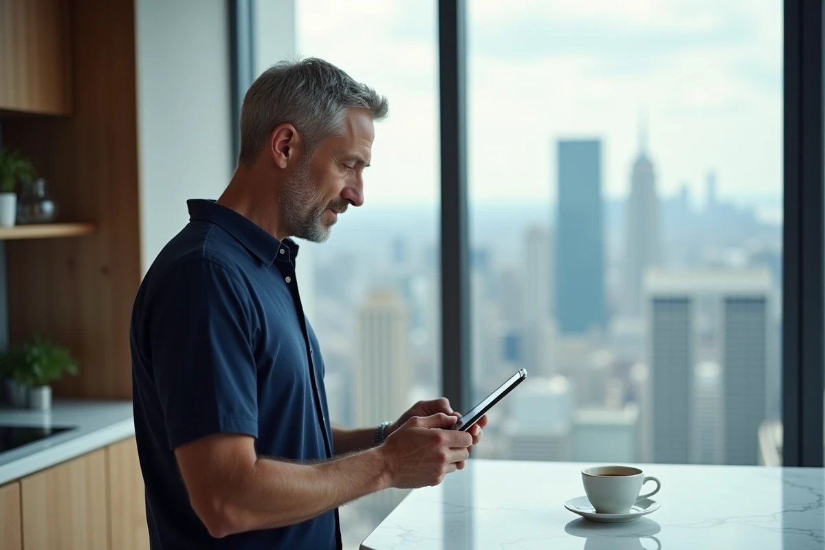 Homme consultant l'interface Cyber Plus Banque Populaire sur une tablette dans une cuisine moderne