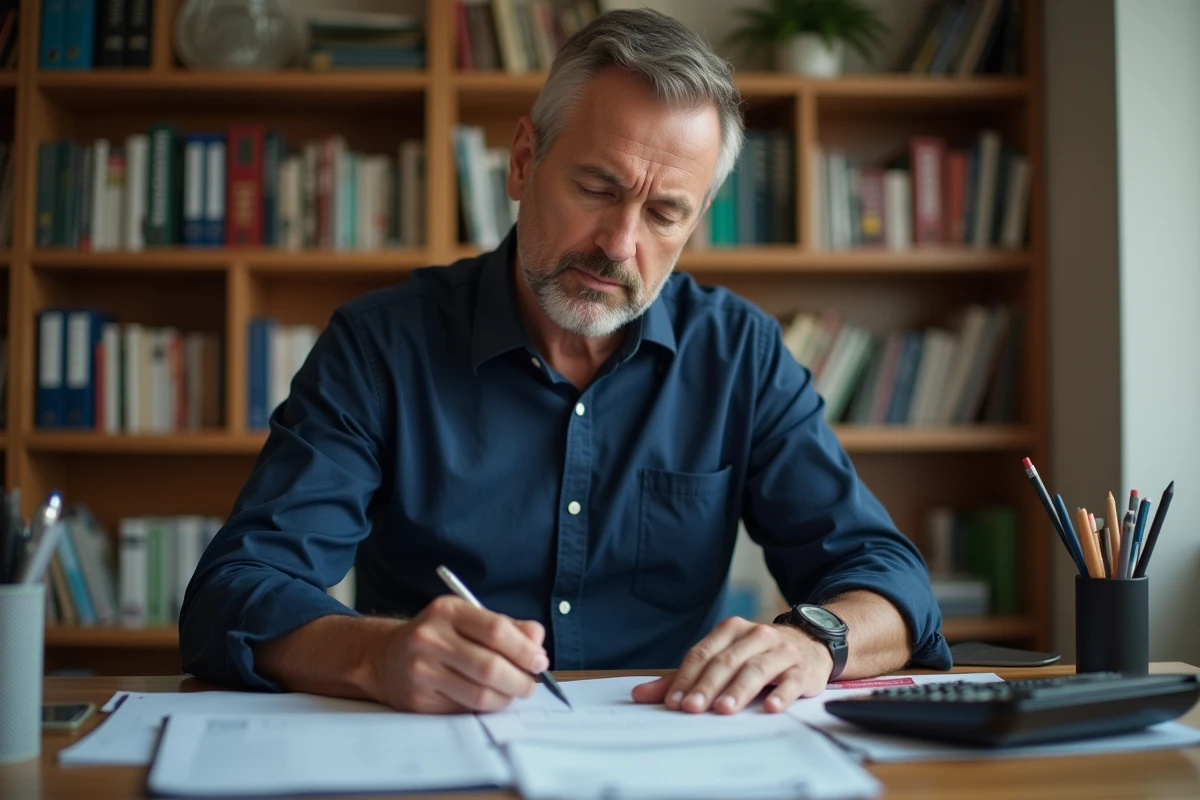 Homme écrivant un chèque à son bureau à domicile pour une transaction entre particuliers