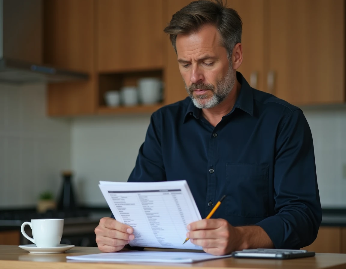 Homme consultant sa fiche de paie à mi-temps dans une cuisine pour calculer son salaire net et brut
