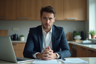 Homme inquiet en costume dans une cuisine avec papiers et ordinateur