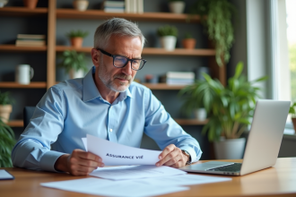 Homme d'âge moyen lisant des documents assurance vie dans un bureau