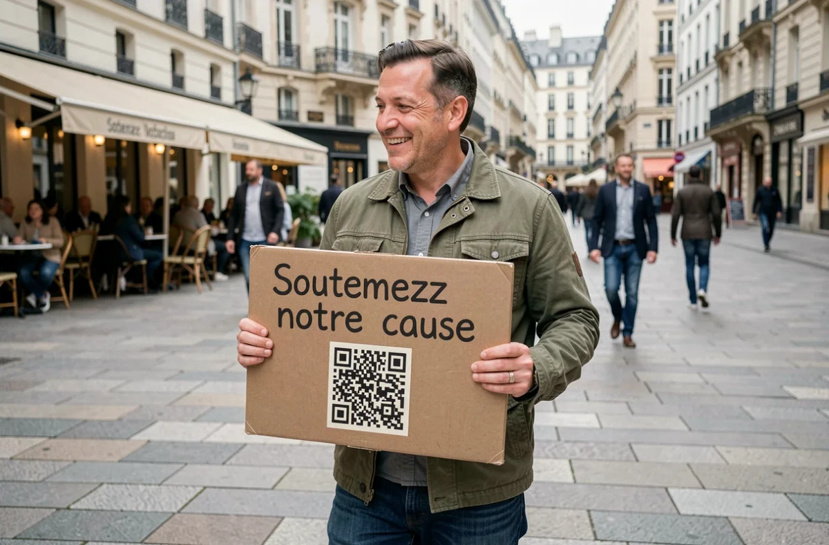 Homme tenant un panneau de collecte de fonds avec QR code dans une rue commerçante pour promouvoir une cagnotte solidaire