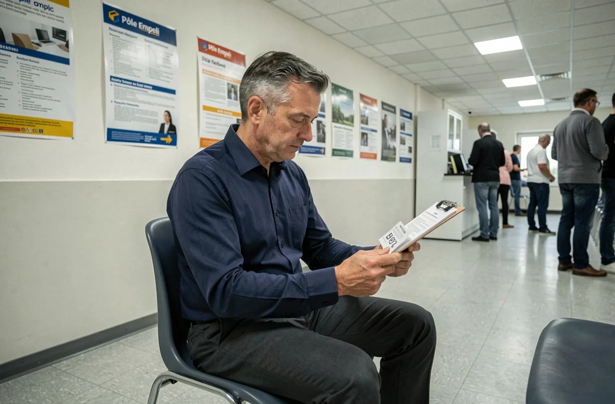 Homme en agence Pôle Emploi remplissant un dossier d'indemnisation chômage après rupture conventionnelle