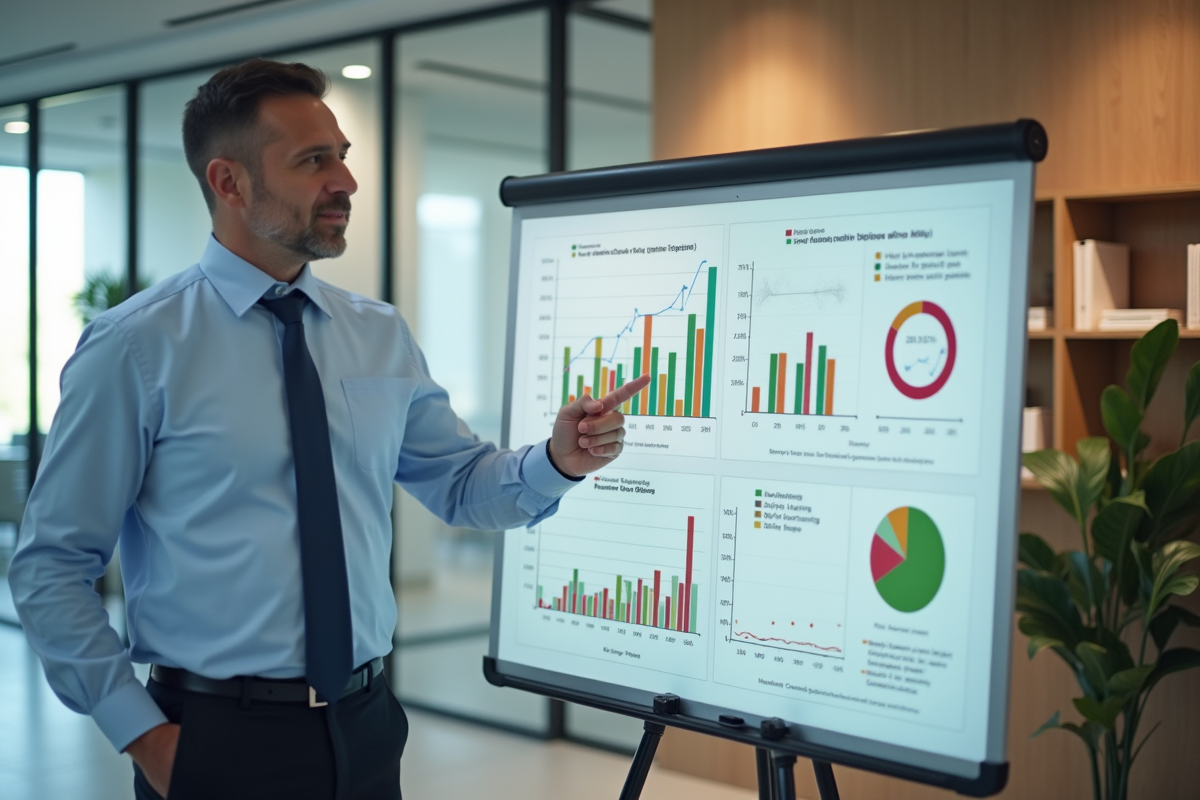 Homme en costume présente des graphiques en réunion