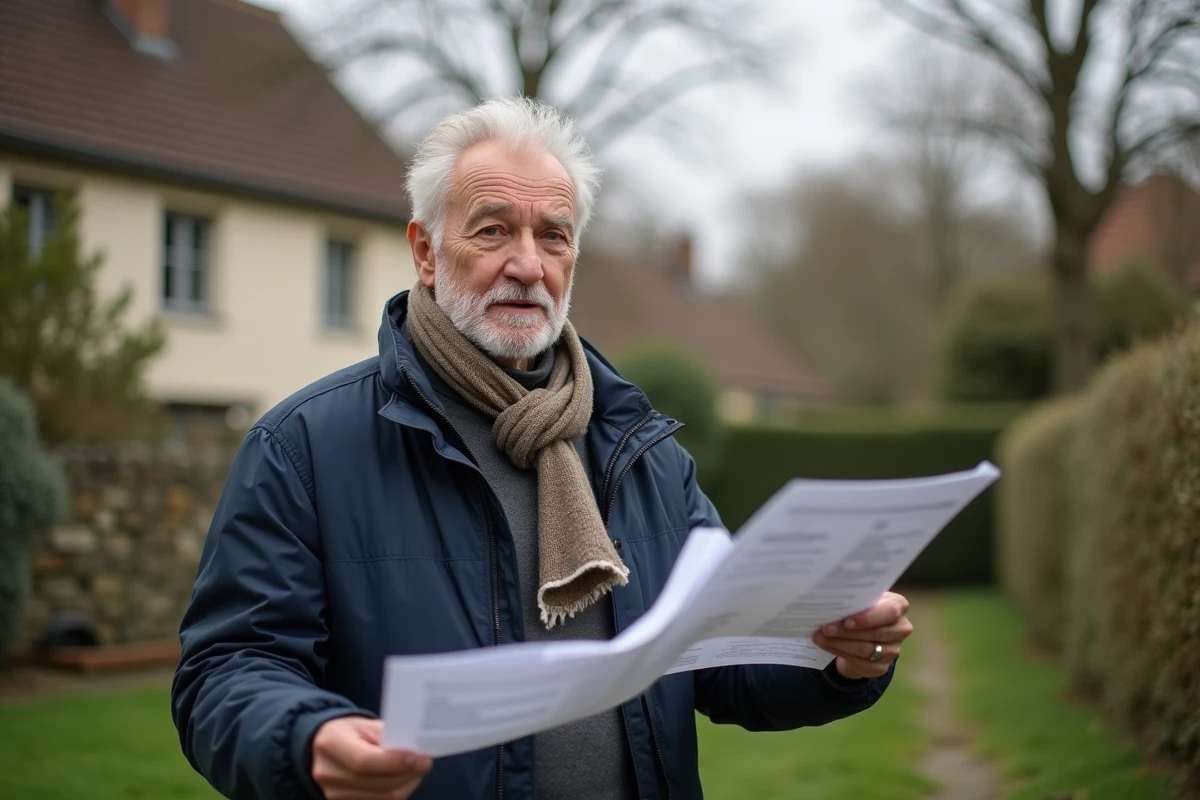 Homme montre un plan de propriété devant sa maison