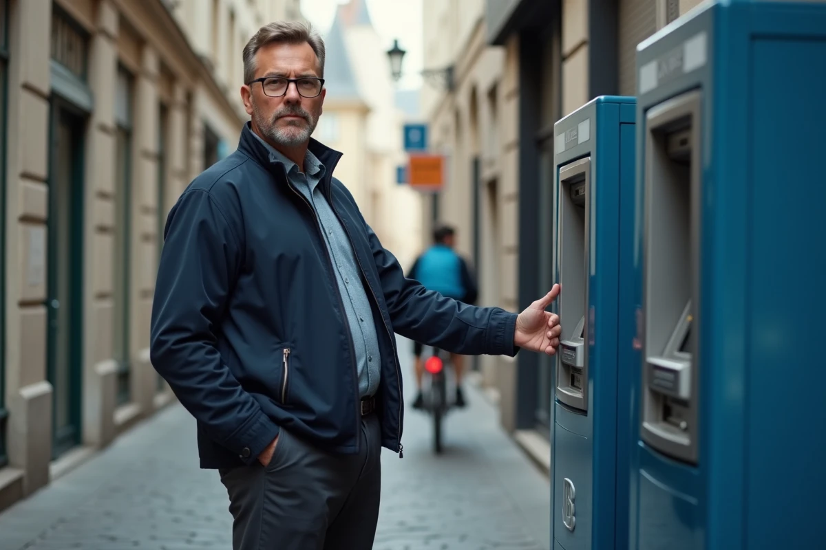 Homme vérifiant son salaire net au distributeur automatique dans une rue française