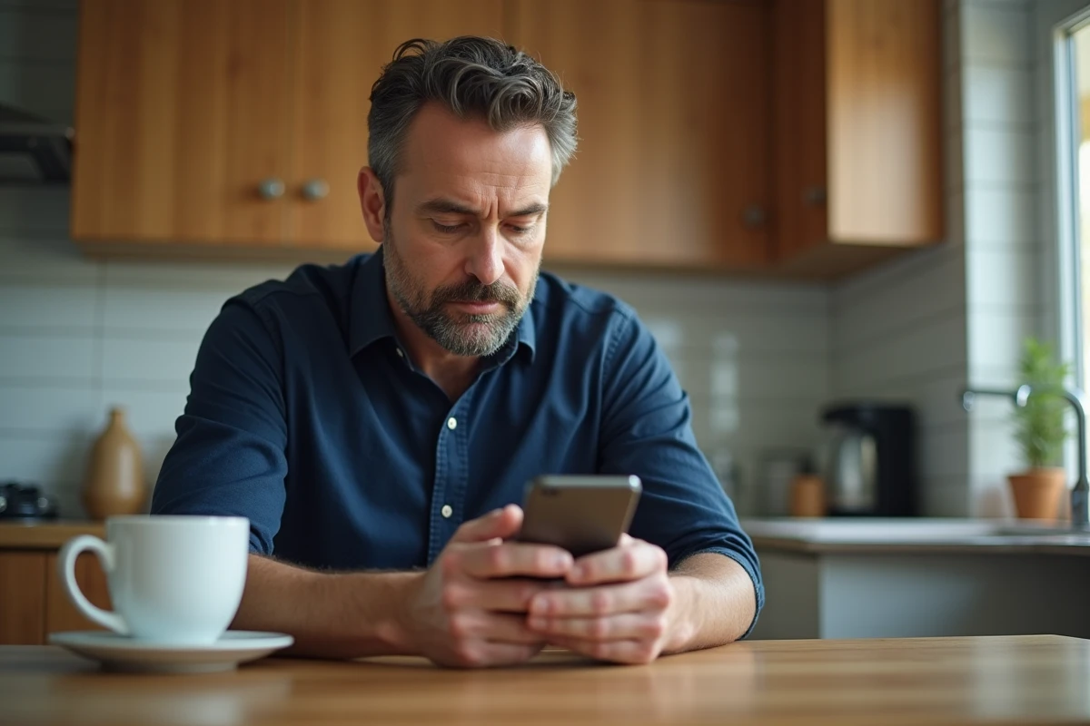 Homme consultant ses services bancaires SG via le navigateur mobile de son smartphone depuis chez lui