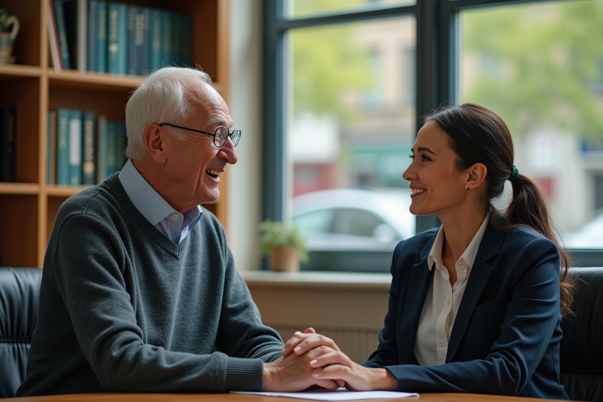 Homme âgé et femme discutant dans un bureau officiel
