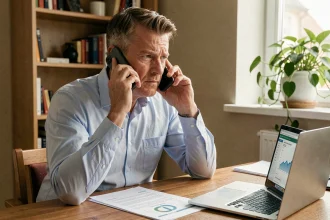 Homme au téléphone consultant des documents de crédit renouvelable pour résilier un contrat Cetelem
