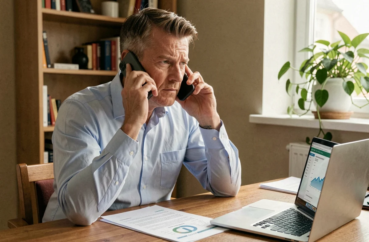 Homme au téléphone consultant des documents de crédit renouvelable pour résilier un contrat Cetelem