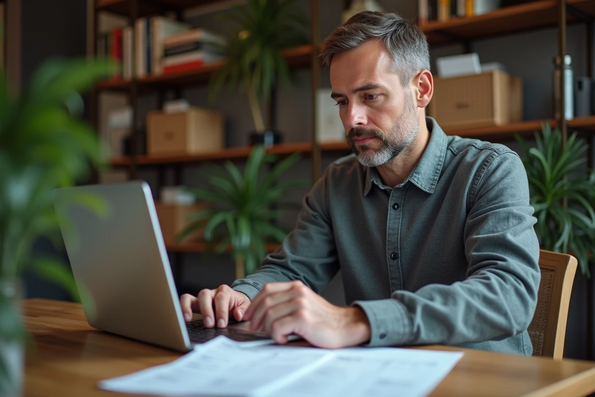 Homme d affaires travaillant sur un ordinateur avec reçus dans un espace cosy