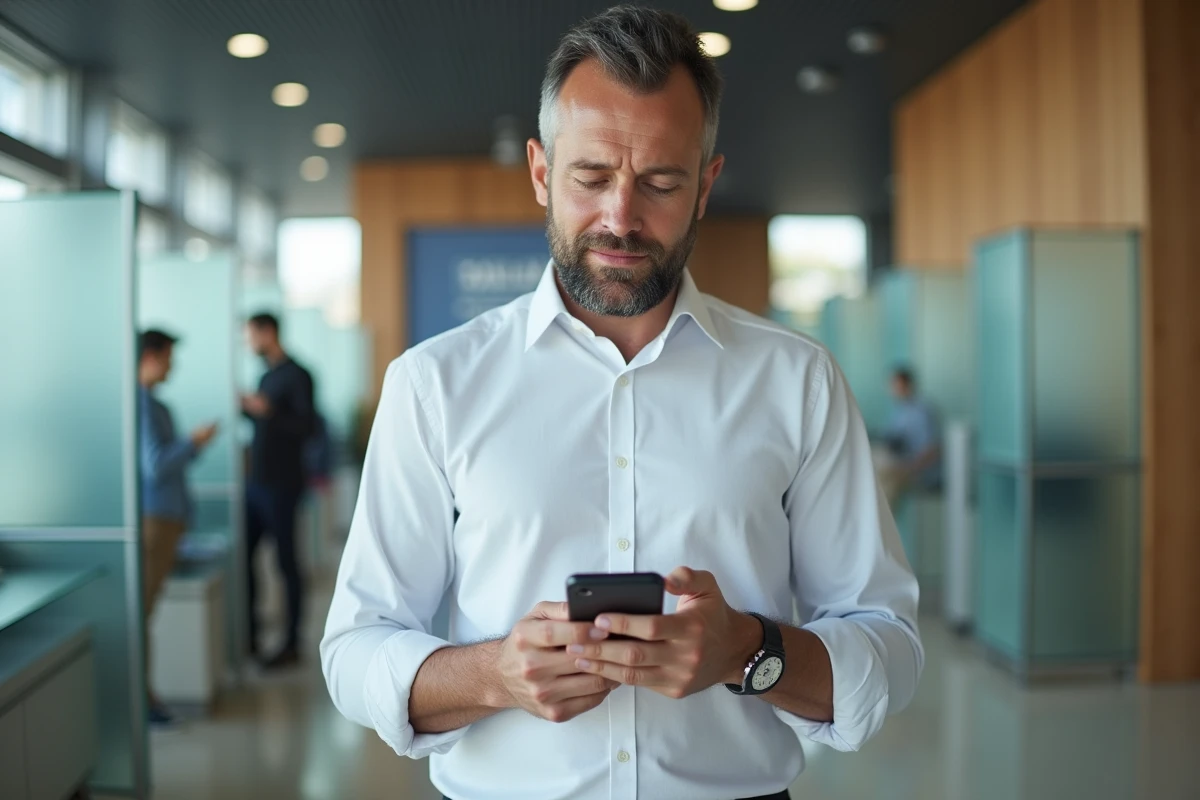 Homme vérifiant un virement en temps réel sur l'application mobile Caisse d'Epargne dans une agence bancaire
