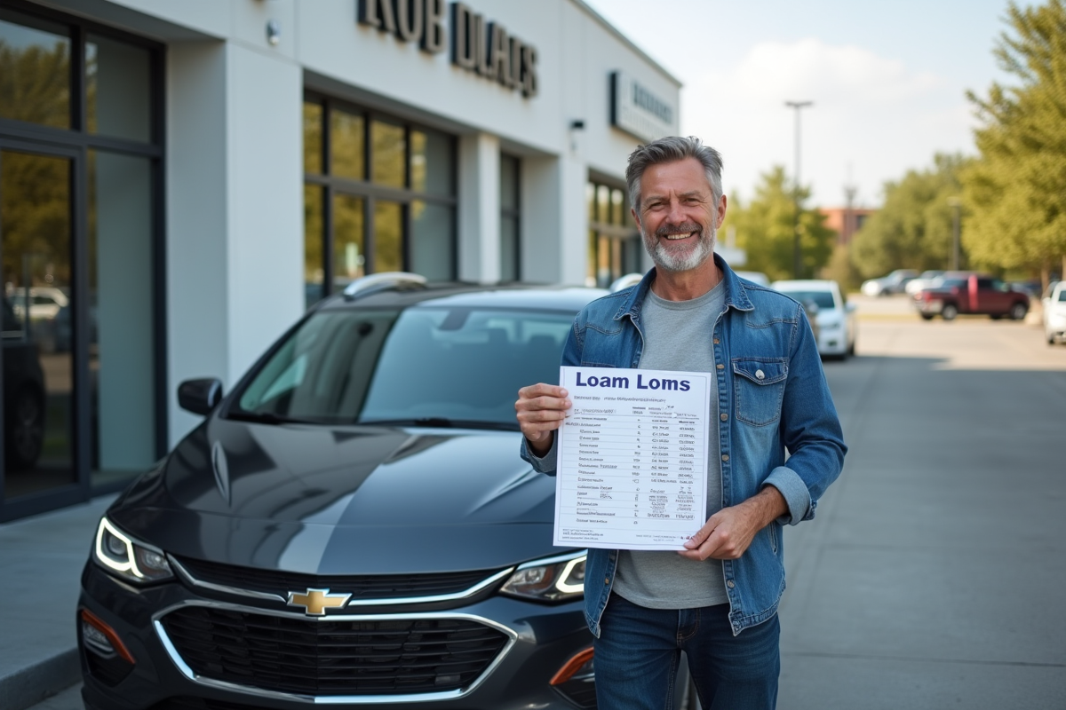 Homme décontracté pointant un graphique de prêt devant une voiture