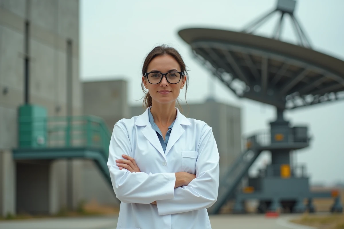 Ingénieure aérospatiale devant un système radar dans une usine de défense illustrant les activités technologiques de Thales