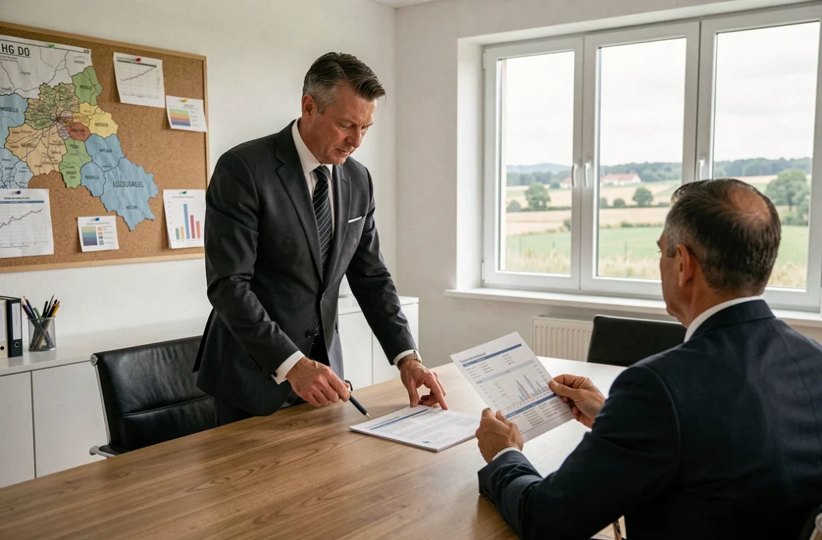 Courtier Innov'crédit en réunion avec un client dans un cabinet de courtage situé à la frontière Moselle-Luxembourg