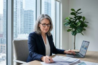Femme investisseuse analysant des documents immobiliers liés au secteur de la santé dans un bureau moderne