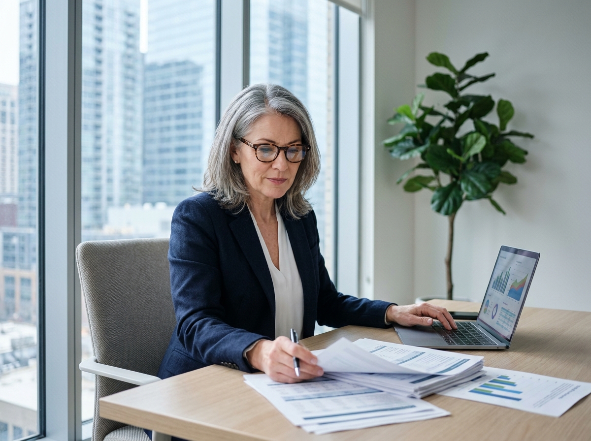 Femme investisseuse analysant des documents immobiliers liés au secteur de la santé dans un bureau moderne