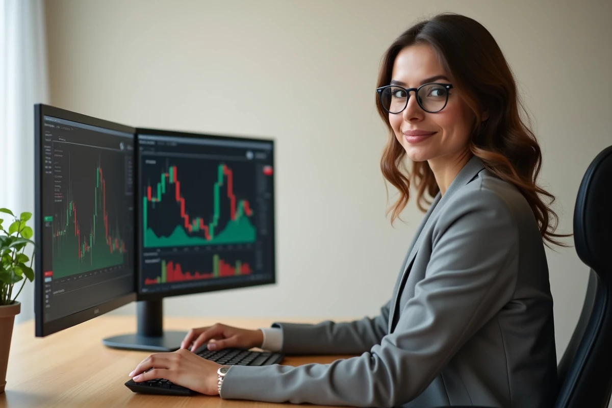 Investisseuse analysant un portefeuille d'actions aéronautiques sur écran double dans un bureau à domicile, prévision et stratégie d'achat progressif Airbus