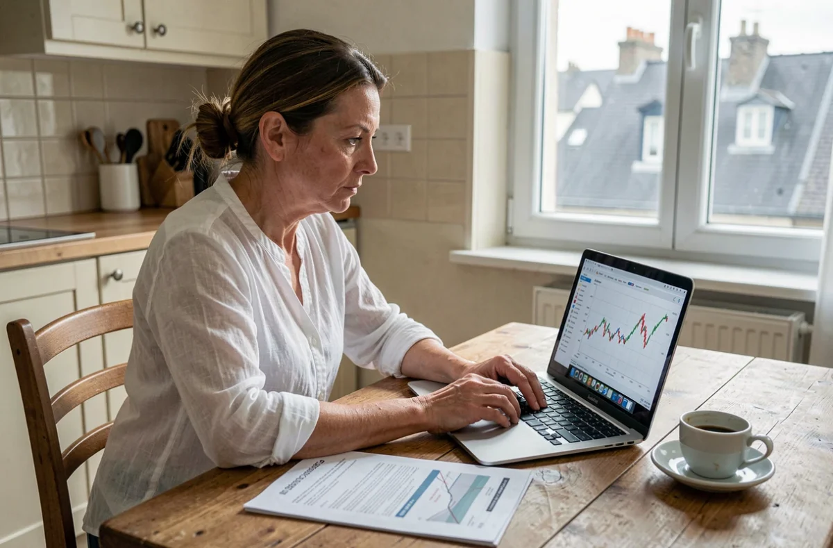 Femme investisseuse inquiète consultant des graphiques de performance SCPI en baisse sur son ordinateur à domicile