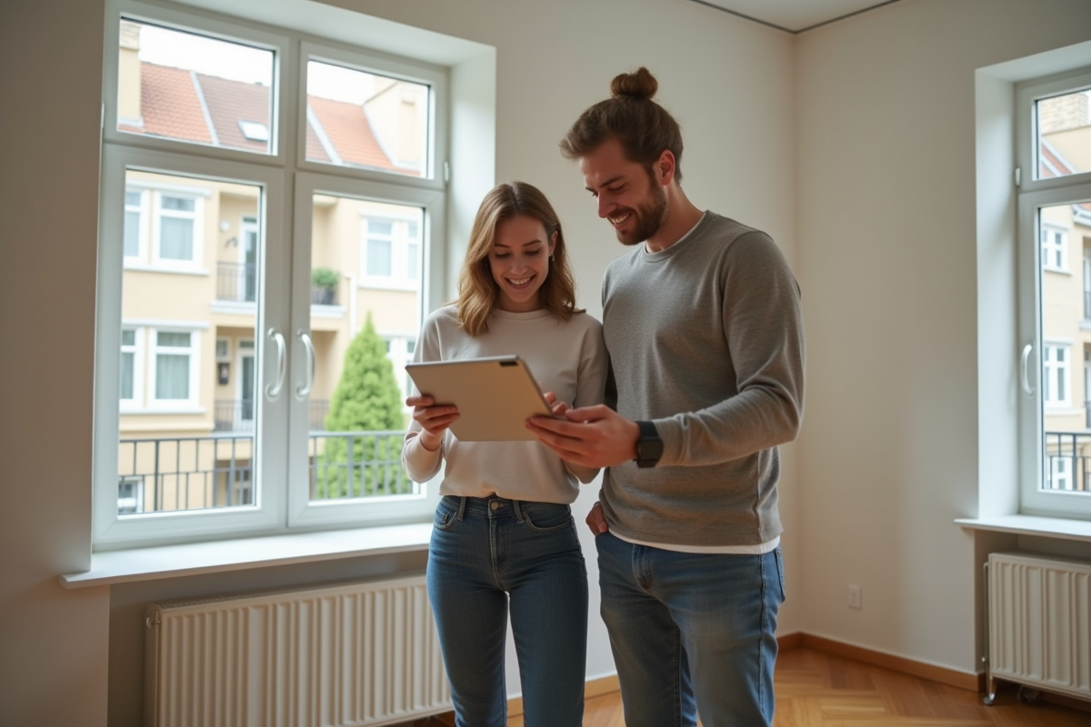 Jeune couple regardant une simulation de prêt immobilier dans leur salon