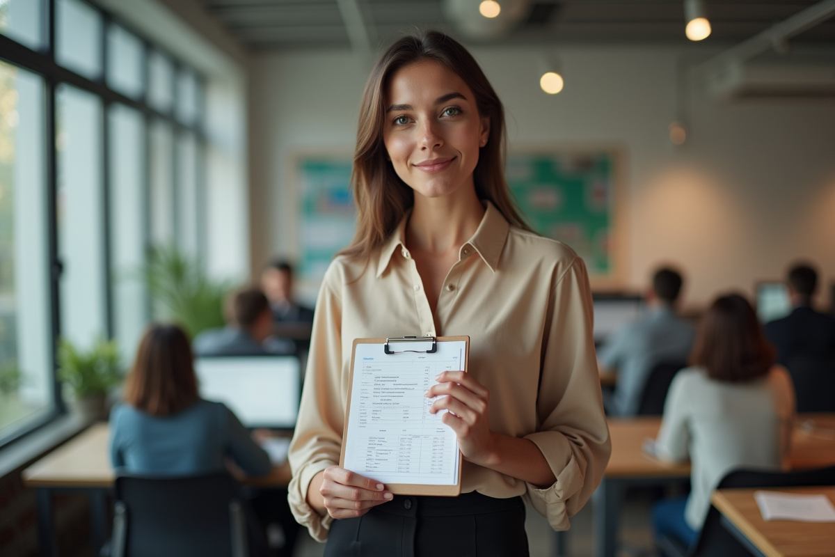 Jeune entrepreneure tenant un tableau de dépenses dans un espace de travail