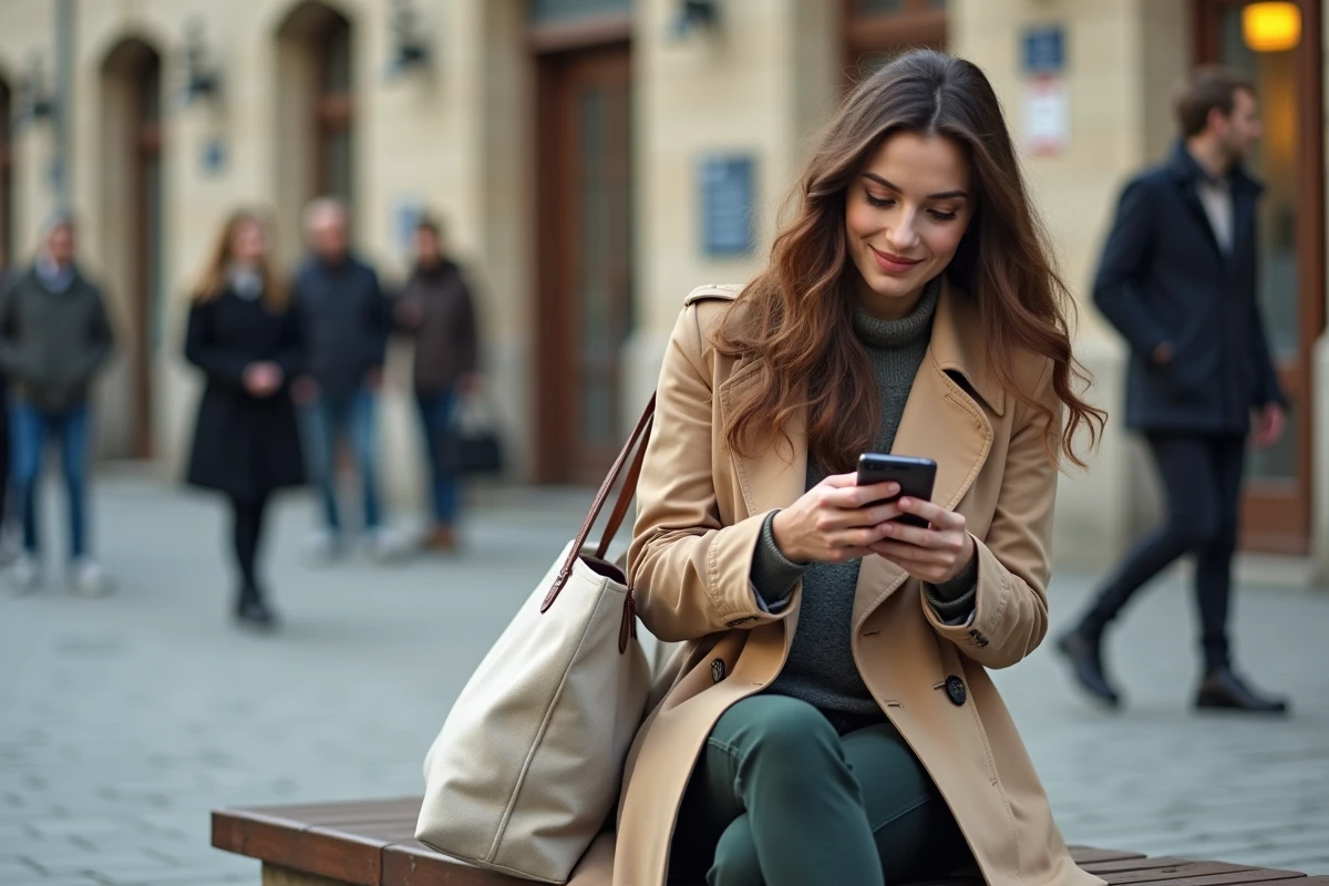 Jeune femme utilisant l'application mobile Banque Populaire en extérieur dans une place urbaine