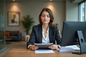 Jeune femme en banque regardant des documents avec espoir