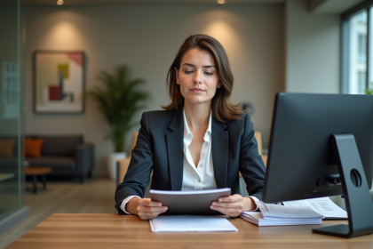 Jeune femme en banque regardant des documents avec espoir
