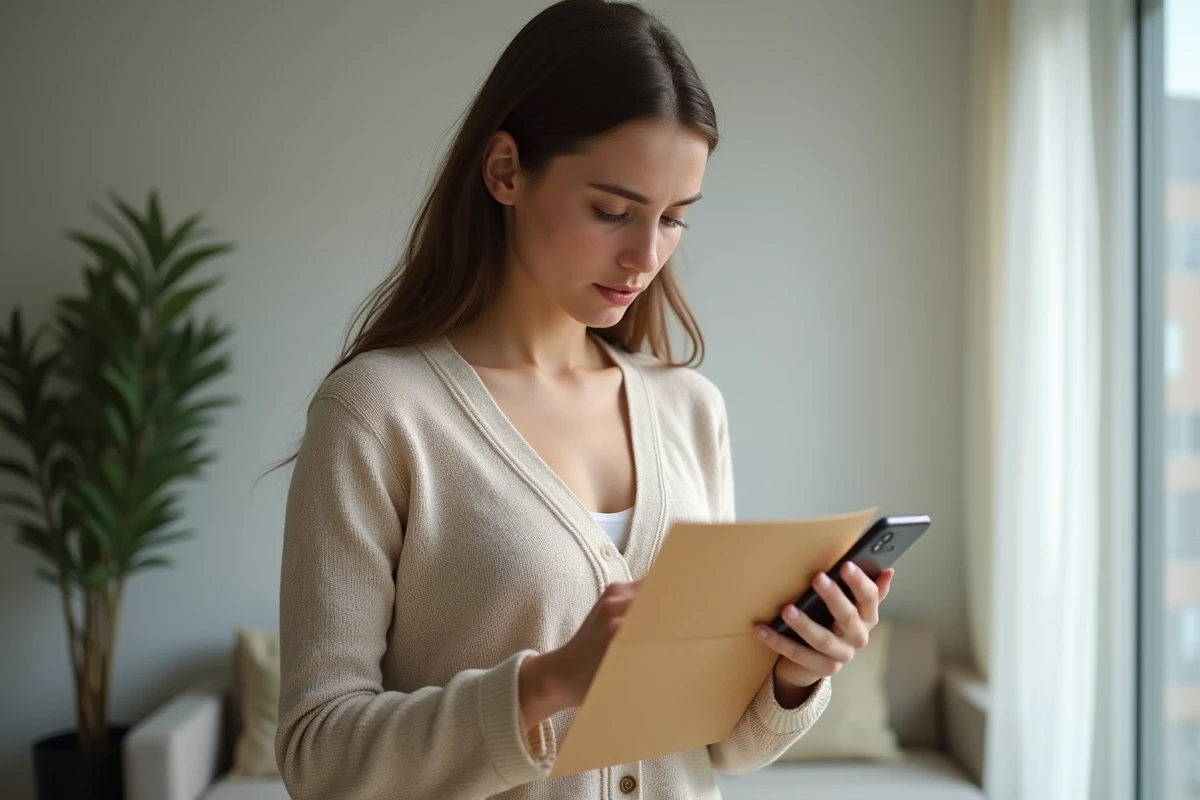 Jeune femme vérifiant sur son téléphone l'authenticité d'un courrier credit bureau associates reçu par courrier