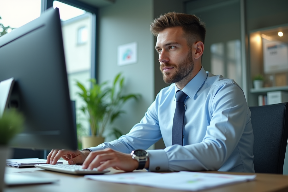 Jeune employé de banque analyse un écran d