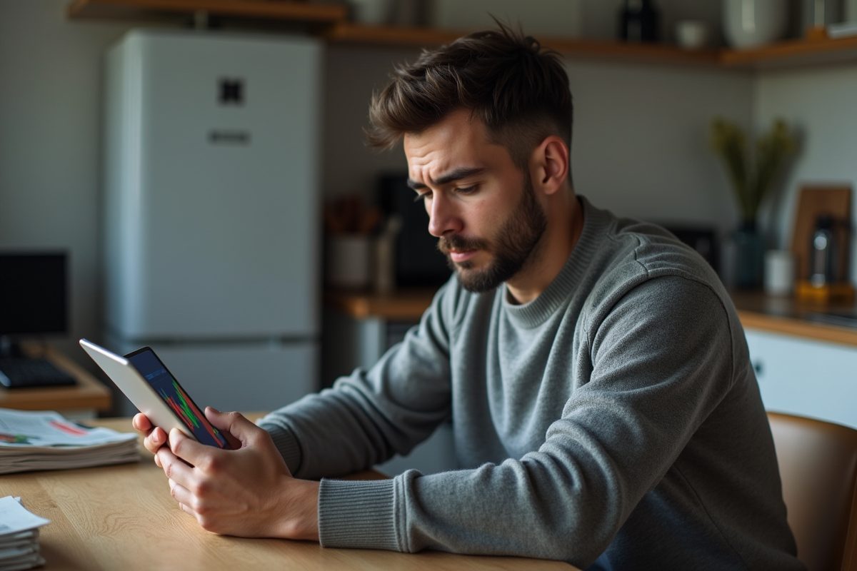 Jeune homme inquiet regardant un graphique de cryptomonnaie sur tablette