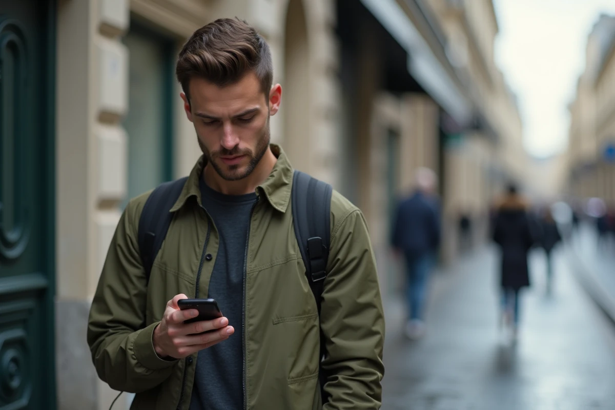 Jeune homme accédant à Logitelnet SG depuis son téléphone mobile en pleine rue dans une ville française