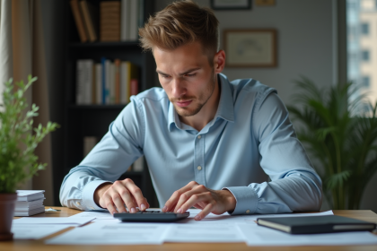 Jeune homme organisant ses finances à son bureau