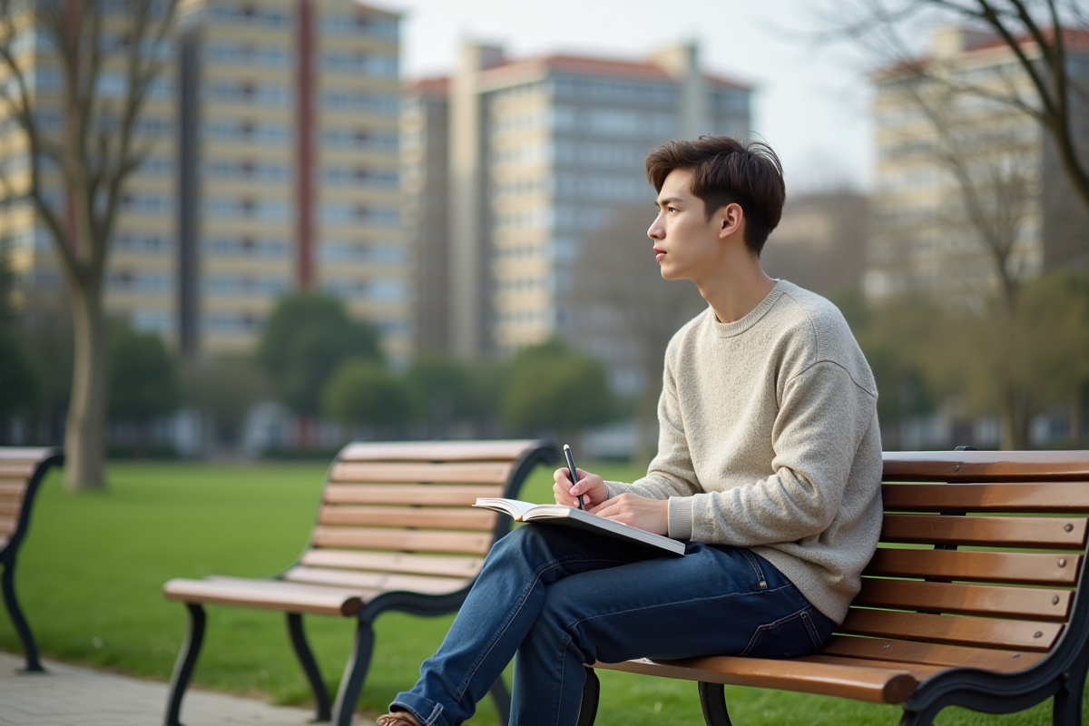 Jeune homme écrivant dans un parc urbain